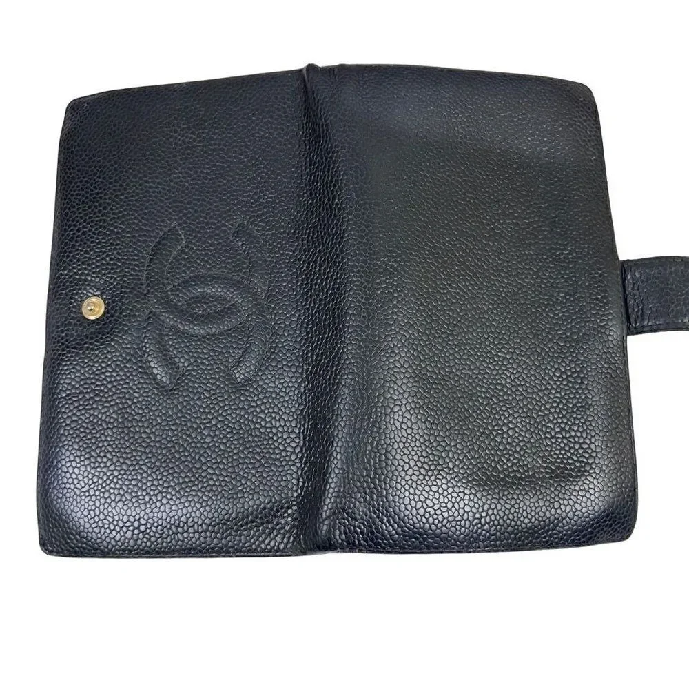 Chanel Black Caviar Leather CC Logo Long Wallet